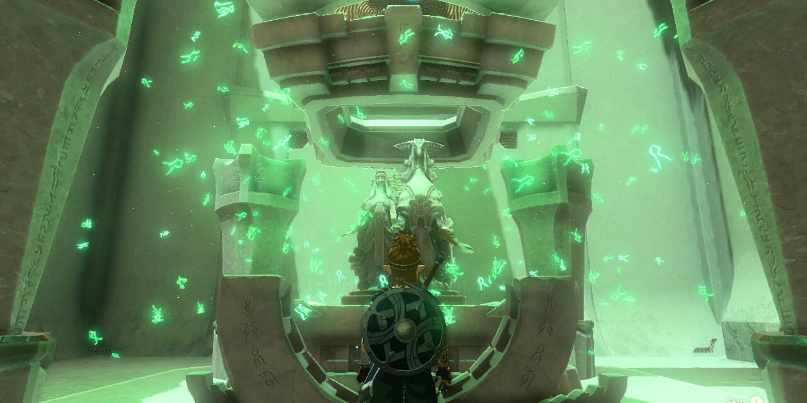 Link standing in front of the Blessing of Light statues in Zelda TOTK