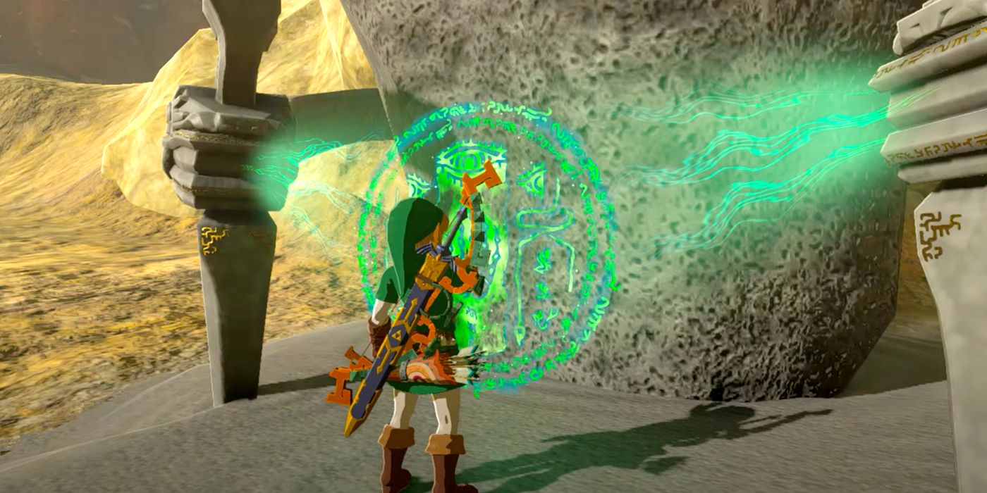 Link interacting with the Gasas Shrine In Zelda: Tears of the Kingdom