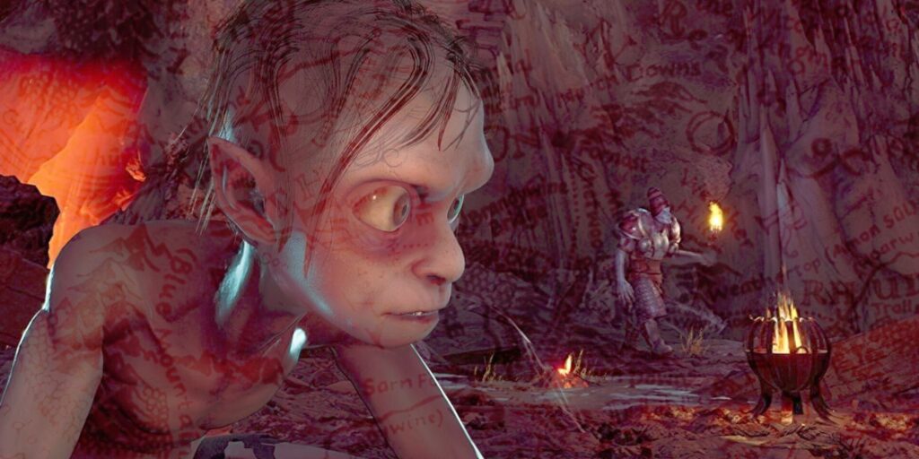 An image of Gollum in Mordor with a map of Middle Earth superimposed lightly over it.