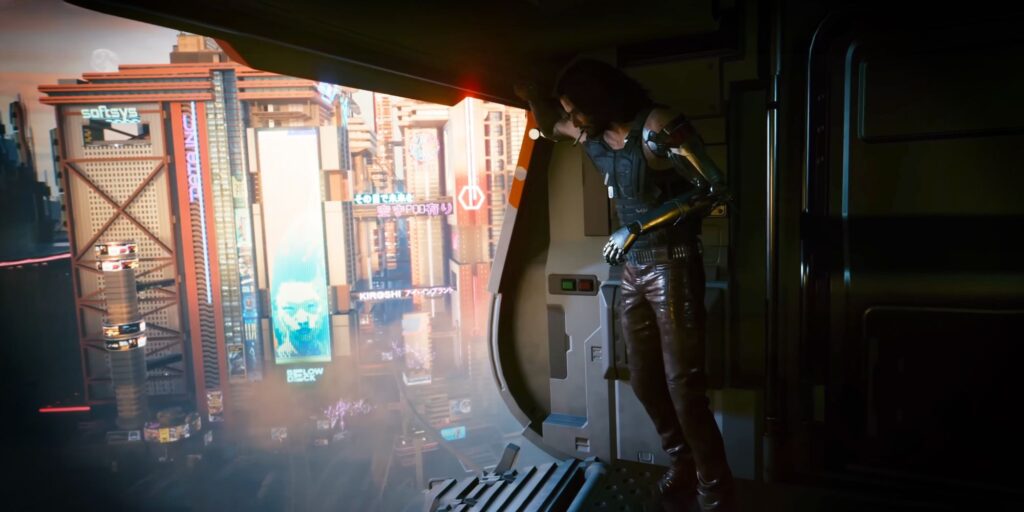 Johnny Silverhand in Cyberpunk 2077 Phantom Liberty, leaning against an open AV and smoking a cigarette.