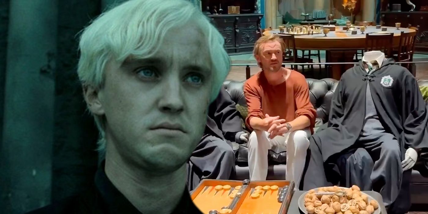Custom image of Tom Felton as Draco and Felton next to two Harry Potter Slytherin costumes
