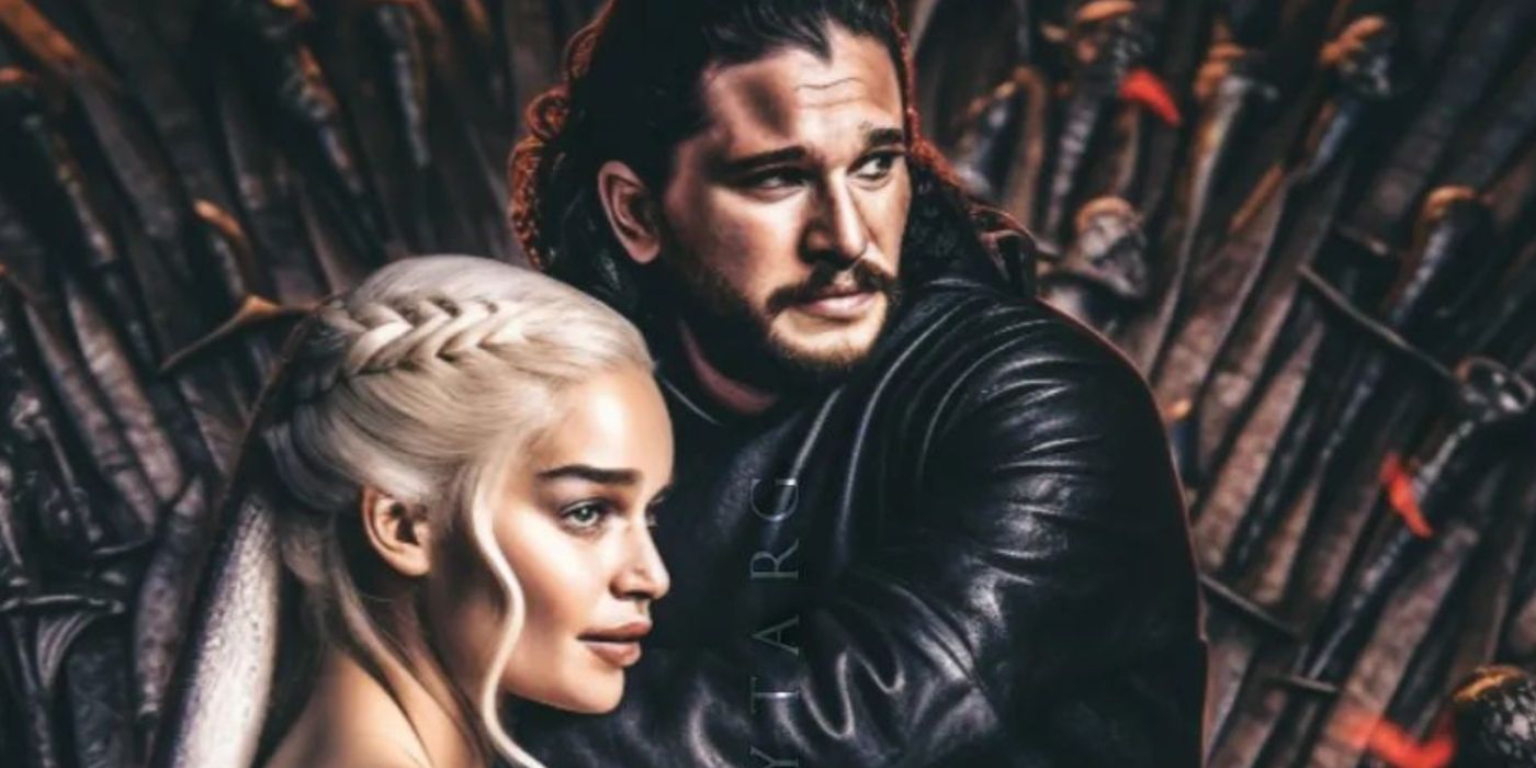 Jon and Daenerys looking happy on the Iron Throne in Game of Thrones AI art.