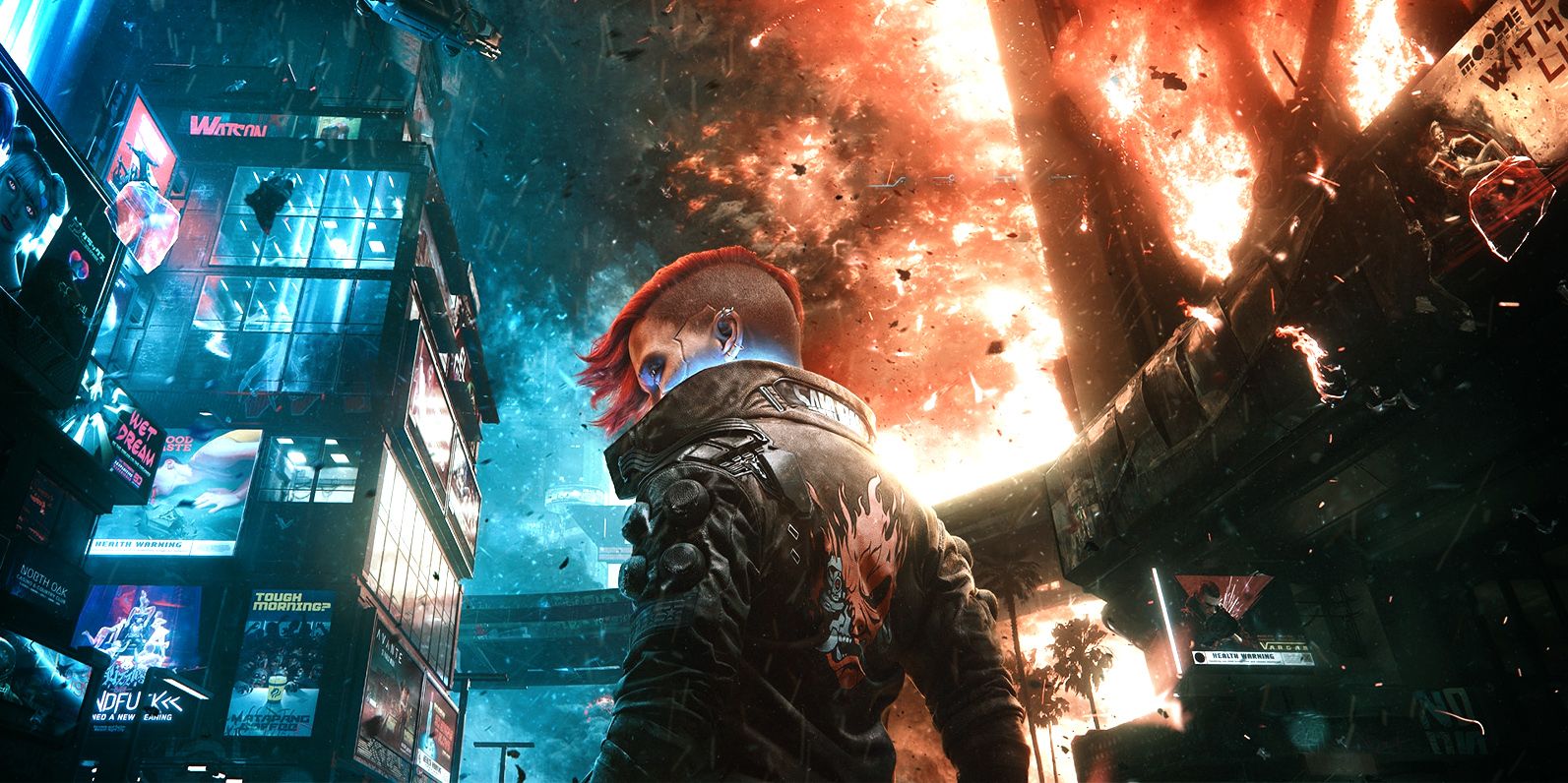 Art of V from Cyberpunk 2077 standing in Night City, with one half illuminated in blue lighting and the other half engulfed in flames.