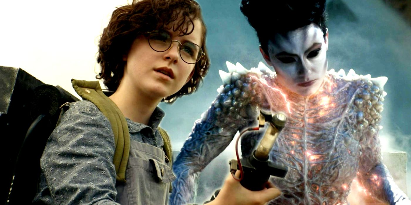 Blended image of Phoebe Spengler holding onto a weapon and a villain Gozer in Ghostbusters Afterlife