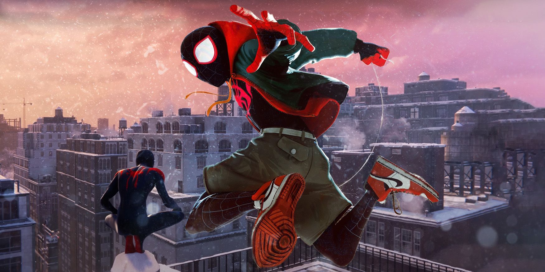 Insomniac's Miles Morales looks out over a snow-covered Manhattan, as Into The Spider-Verse's Miles Morales does a dynamic leaping pose in the middle of the screen