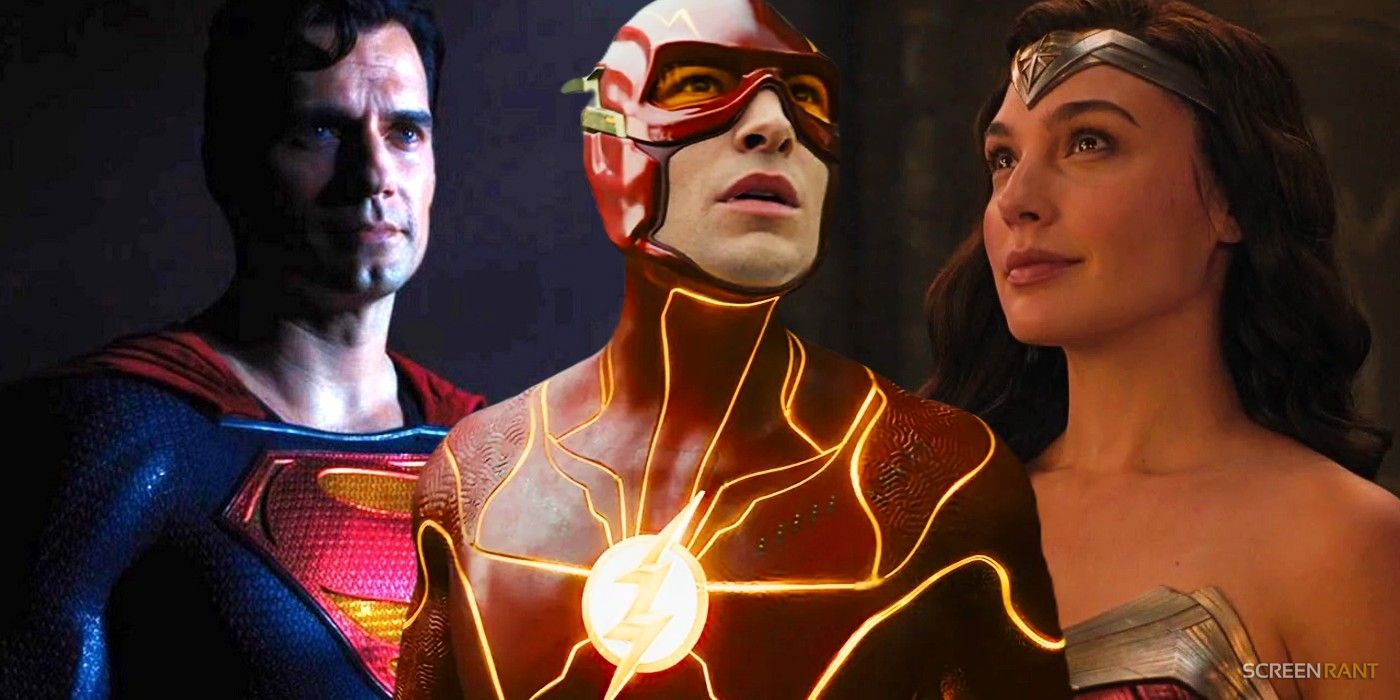 Custom image of Ezra Miller's The Flash, Henry Cavill's Superman in Black Adam, and Gal Gadot's Wonder Woman in Shazam! Fury of the Gods.