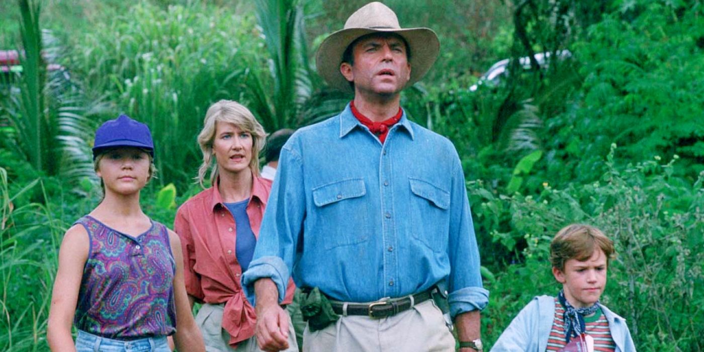 Sam Neill, Laura Dern, Ariana Richards, and Joseph Mazzello in Jurassic Park.