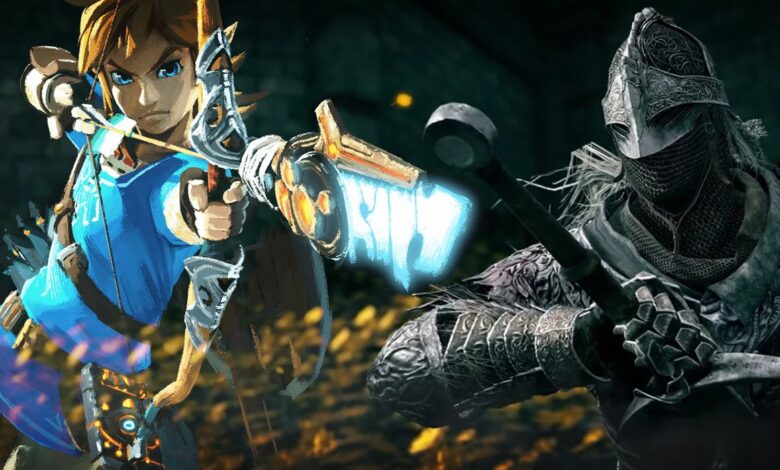 A picture of Link in his blue Breath of the Wild outfit, right next to a picture of the Tarnished wearing the Bloody Wolf set.
