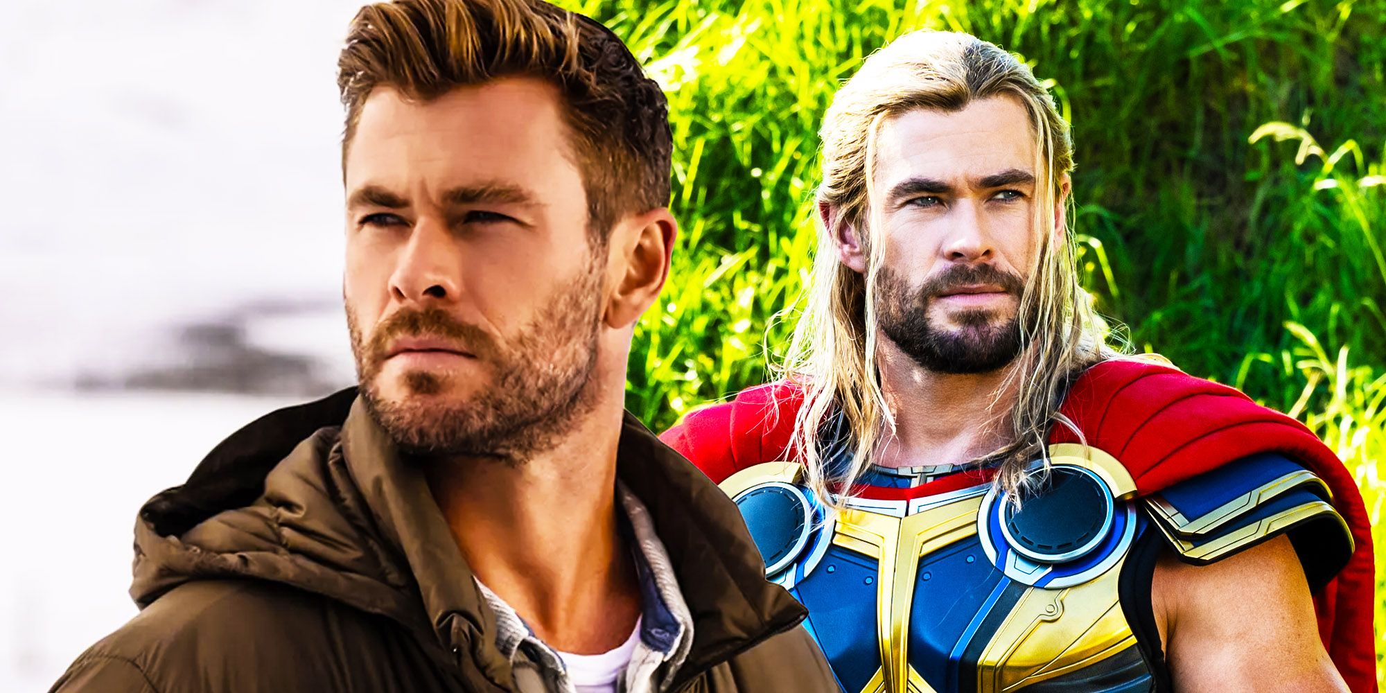 Chris Hemsworth side by side with himself as Thor in Love and Thunder.