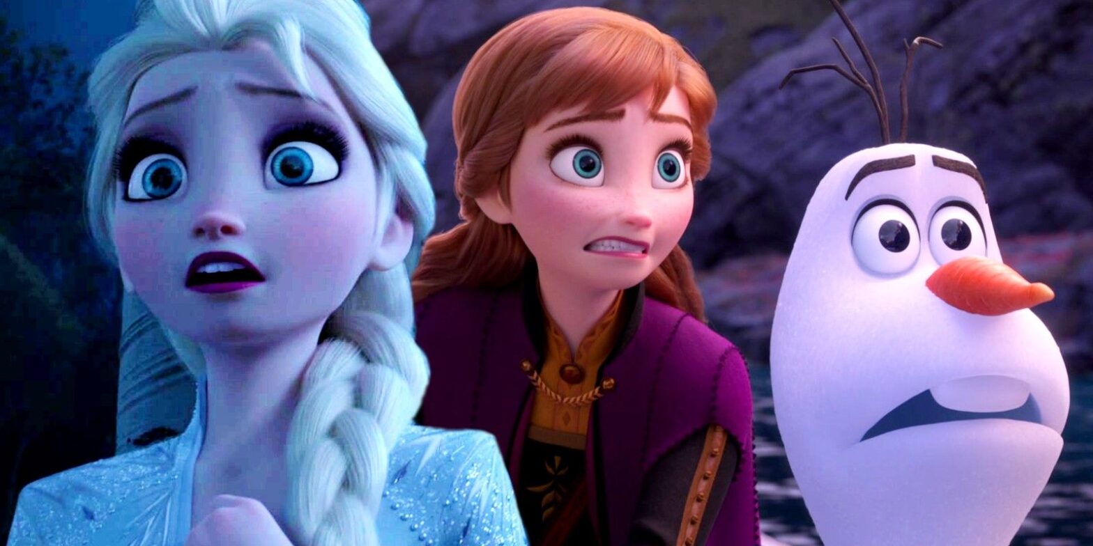 Blended image of a shocked Elsa and Anna and Olaf grimancing