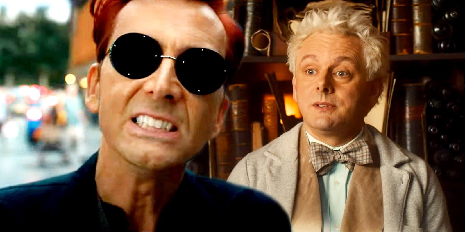 Blended image of Crowley making a weird face and Aziraphale concerned in Good Omens season 2
