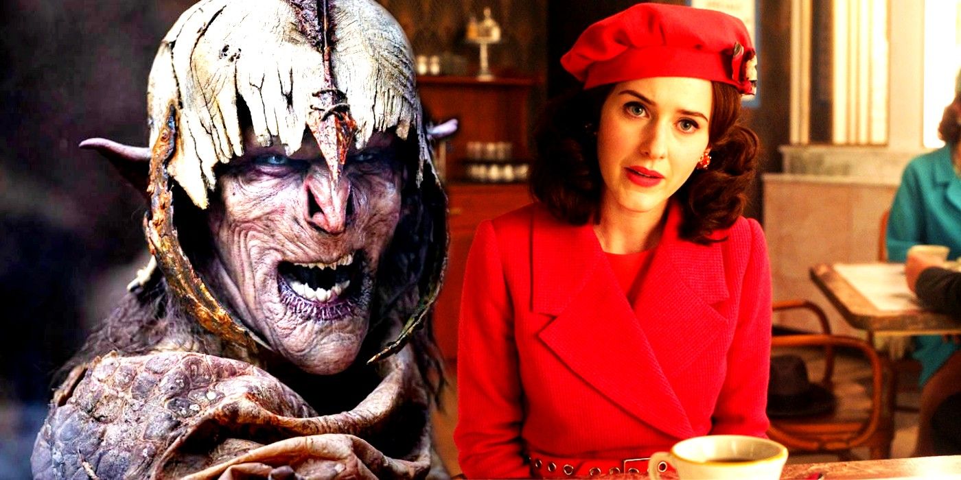 Blended image of the orcs in Rings of Power and Midge at a diner in Marvelous Mrs. Maisel