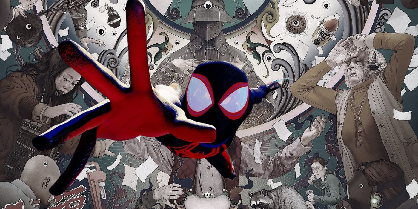 Miles Morales from Spider-Man Across the Spider-Verse in Front of the Everything Everywhere All At Once Poster