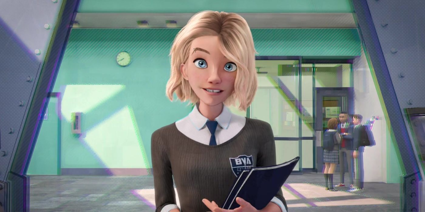 Gwen Stacy smiling in her school uniform during a Spider-Man: Into the Spider-Verse scene.