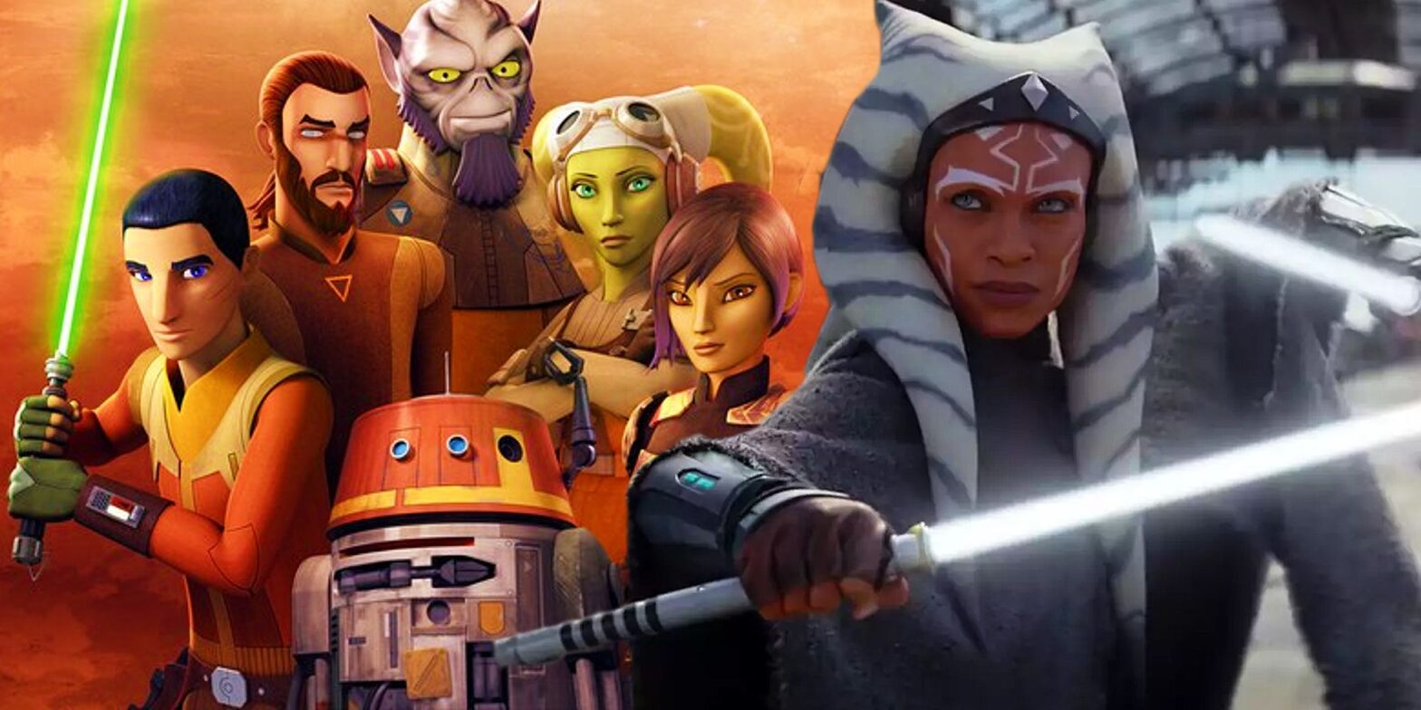 Ahsoka wielding her dual white lightsabers next to the poster for Star Wars Rebels