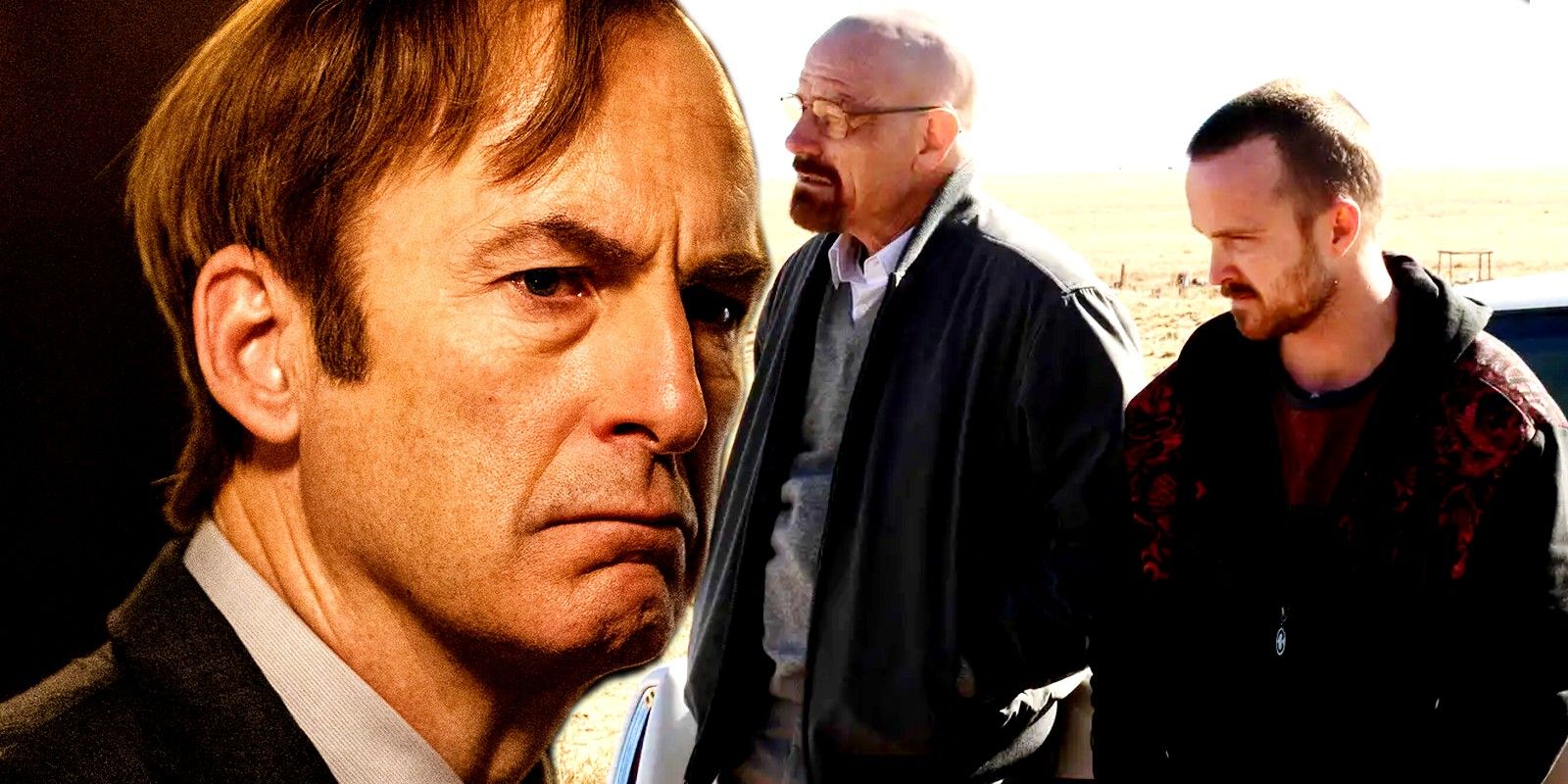 Blended image of Saul Goodman and Walter White and Jesse Pinkman waiting at the car in Breaking Bad