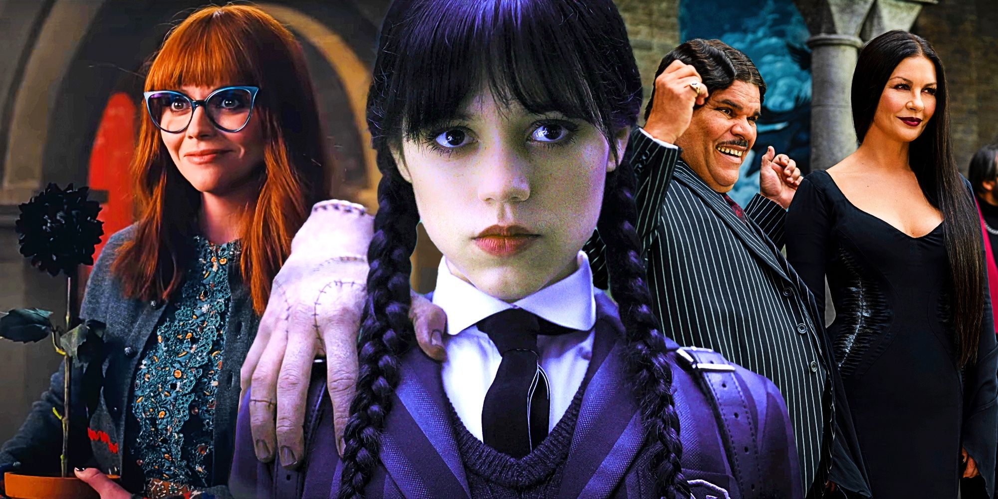 Christina Ricci, Jenna Ortega, Luis Guzman, and Catherine Zeta-Jones in Wednesday season 1