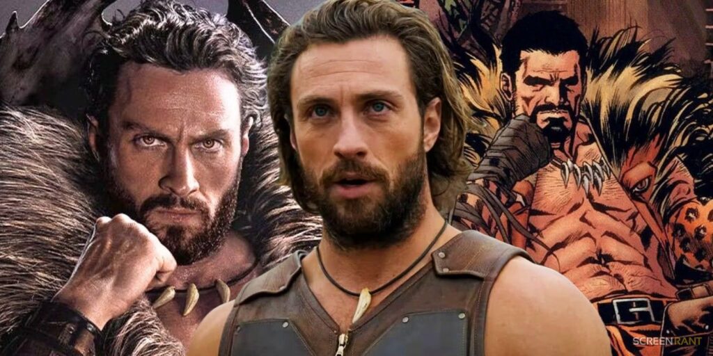 Custom image of Aaron Taylor-Johnson's Kraven the Hunter from the movie and the one from the comics.