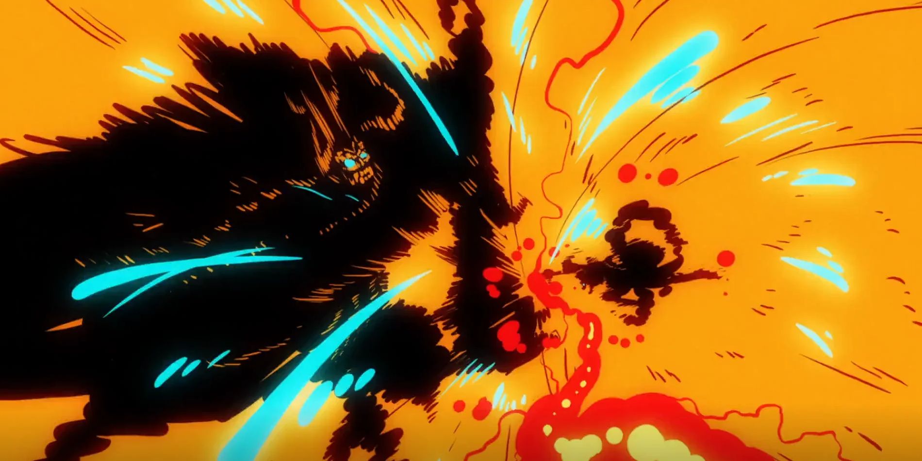 Screenshot from One Piece anime #1028 shows an impact frame of Kaido and Luffy clashing with Luffy's silhouette resembling his Fifth Gear transformation.