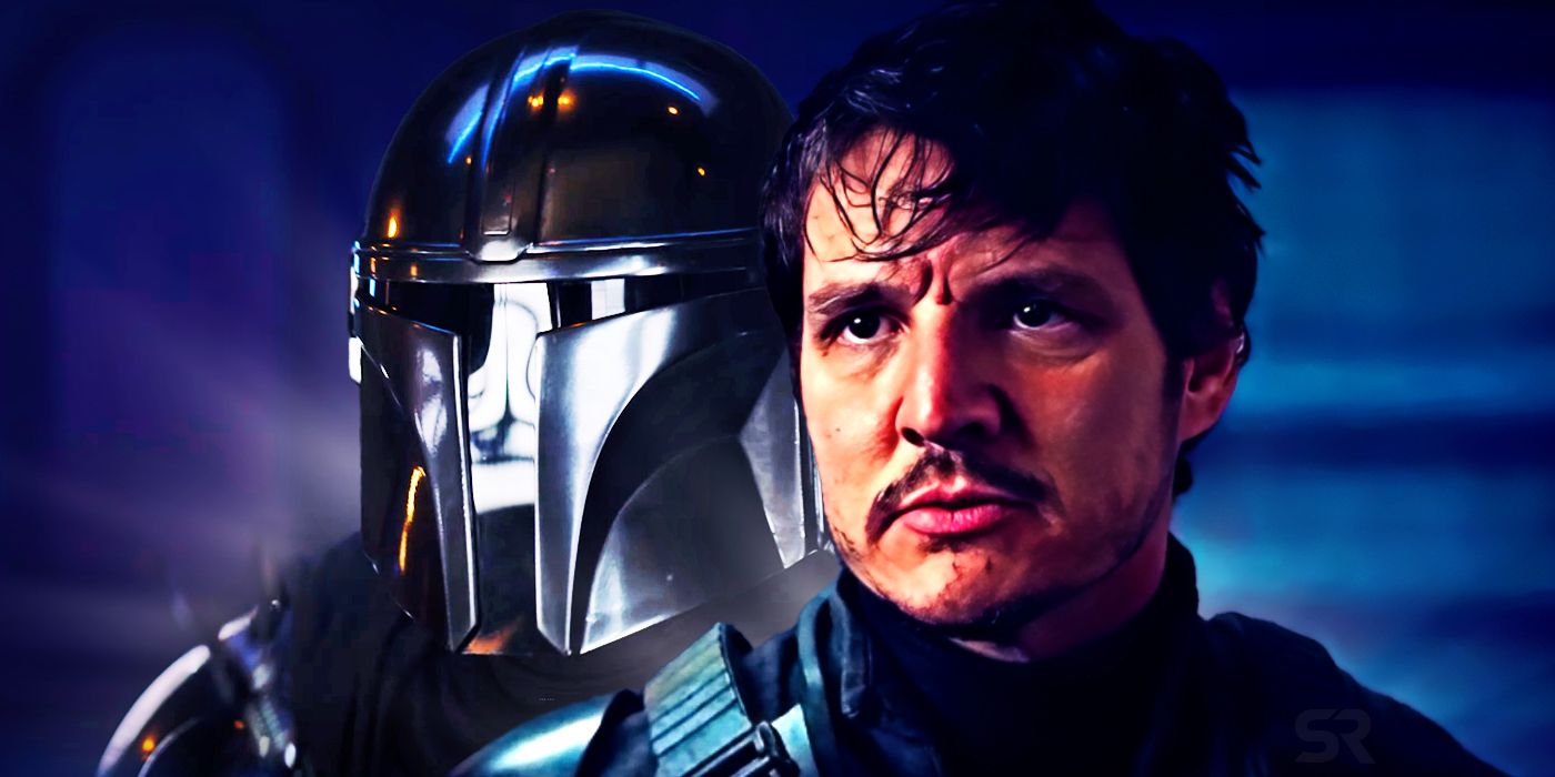 The Mandalorian with his helmet on and Pedro Pascal as Din Djarin with the helmet off.