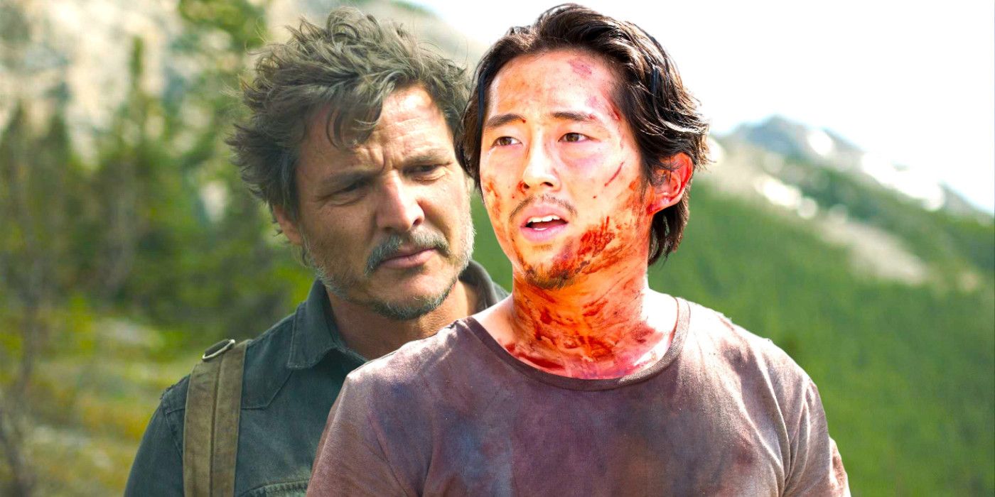 Pedro Pascal In The Last Of Us backdropped by a soaring wooded mountain and Steven Yeun in The Walking Dead with a blood smeared face