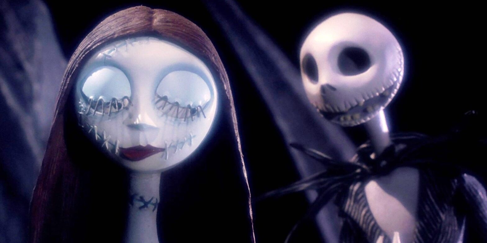 Sally with her eyes closed while Jack talks to her in Nightmare Before Christmas