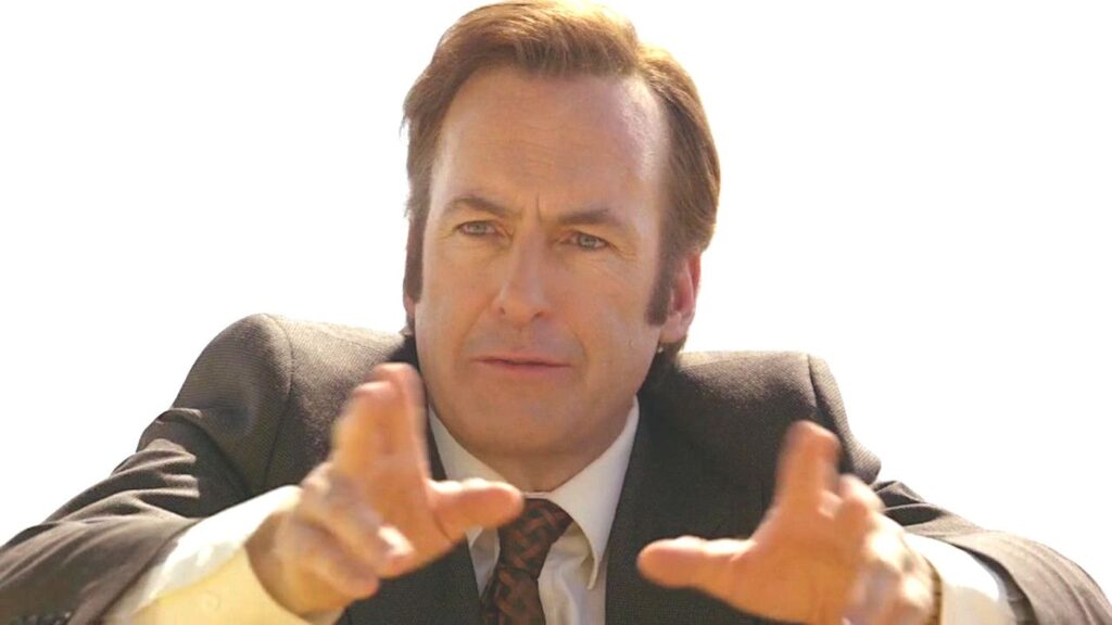 Bob Odenkirk as Saul Goodman in Better Call Saul in the middle of explaining something to some idiots