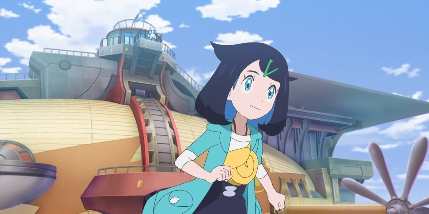 Pokemon Horizons' Liko in front of the airship.