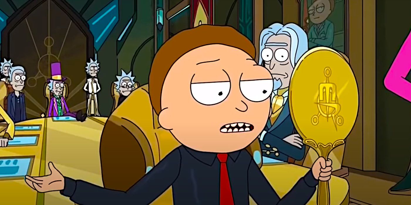 Evil Morty in Rick and Morty season 5 looking at himself in a hand mirror while delivering a speech to a room full of Ricks.