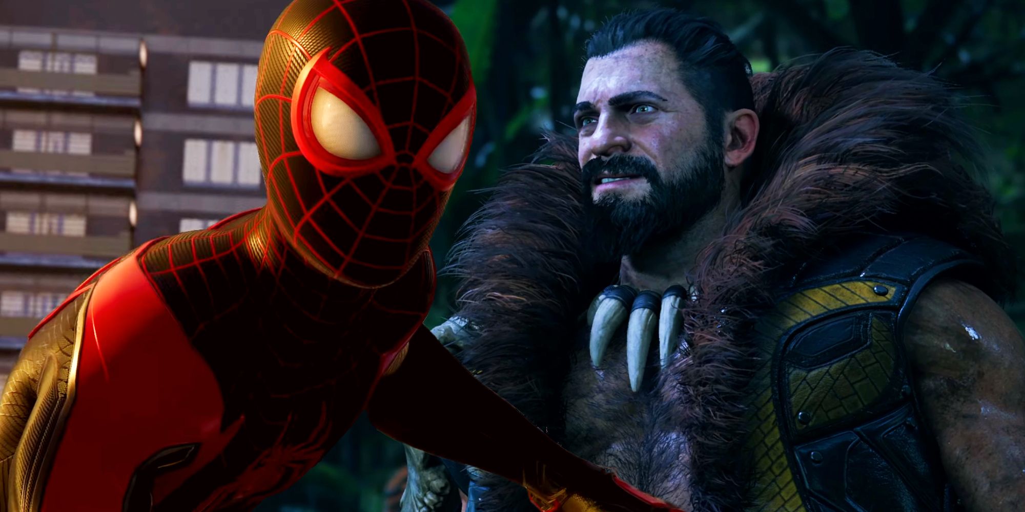 Miles Morales in his black and red Spider-Man suit superimposed on an image of Kraven the Hunter standing in a jungle, wearing a fur-lined vest and a necklace made of large fangs.