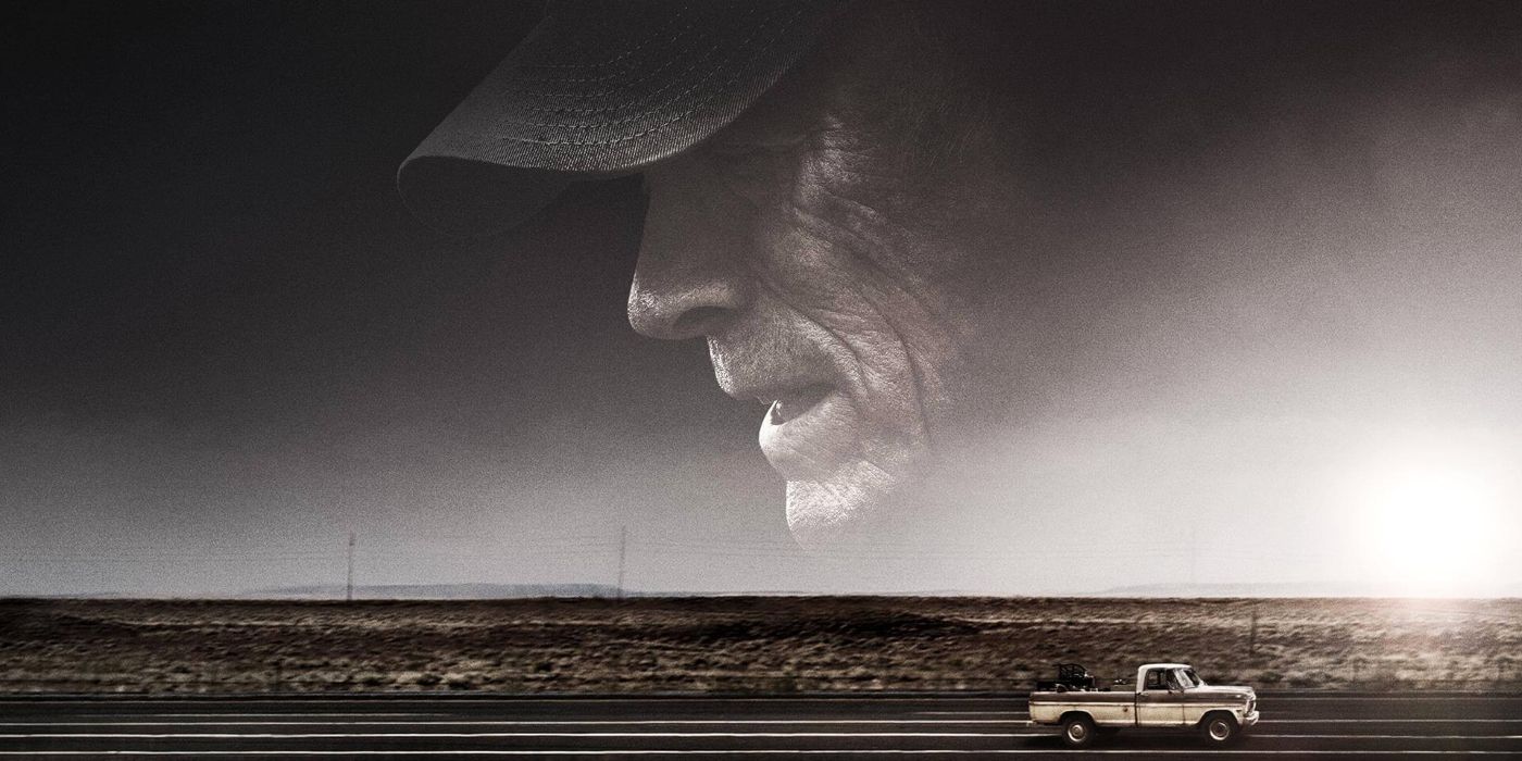 The Mule poster with Clint Eastwood's face in profile above a driving car.