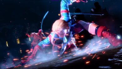 Screenshot of Street Fighter 6 showing Cammy's pose after landing a ultimate attack on Maron with smoke and sparks coming from Cammy's landing.