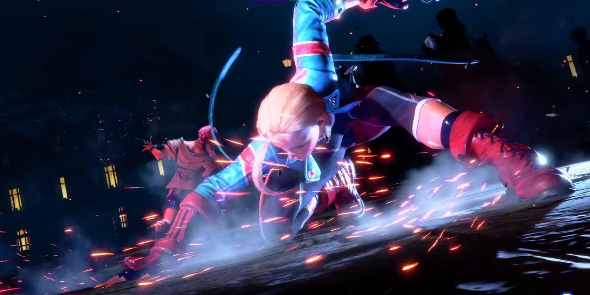 Screenshot of Street Fighter 6 showing Cammy's pose after landing a ultimate attack on Maron with smoke and sparks coming from Cammy's landing.