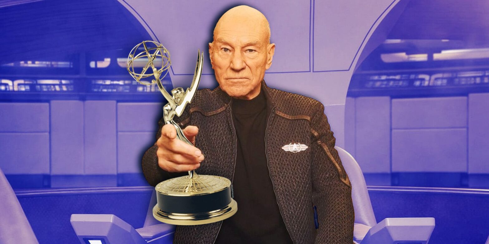 Patrick Stewart as Jean-Luc Picard, holding an Emmy award