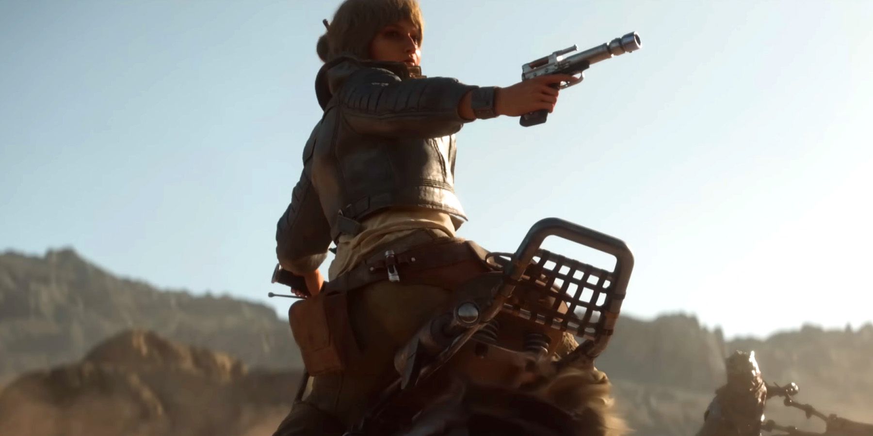 Star Wars Outlaws protagonist Kay brandishing a blaster as she looks back on top of a speeder bike.
