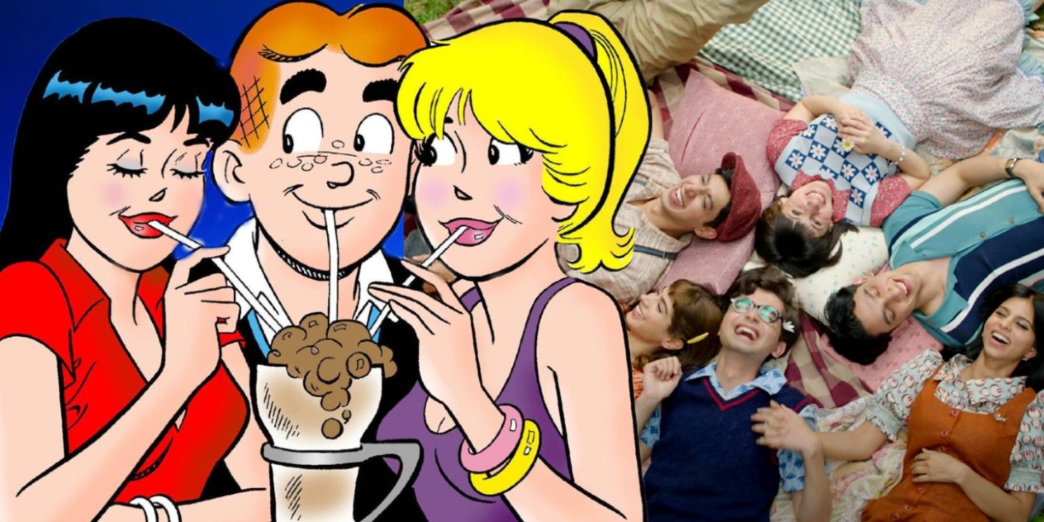An image of Archie, Veronica, and Betty drinking a milkshake and the cast of the Archies sitting together
