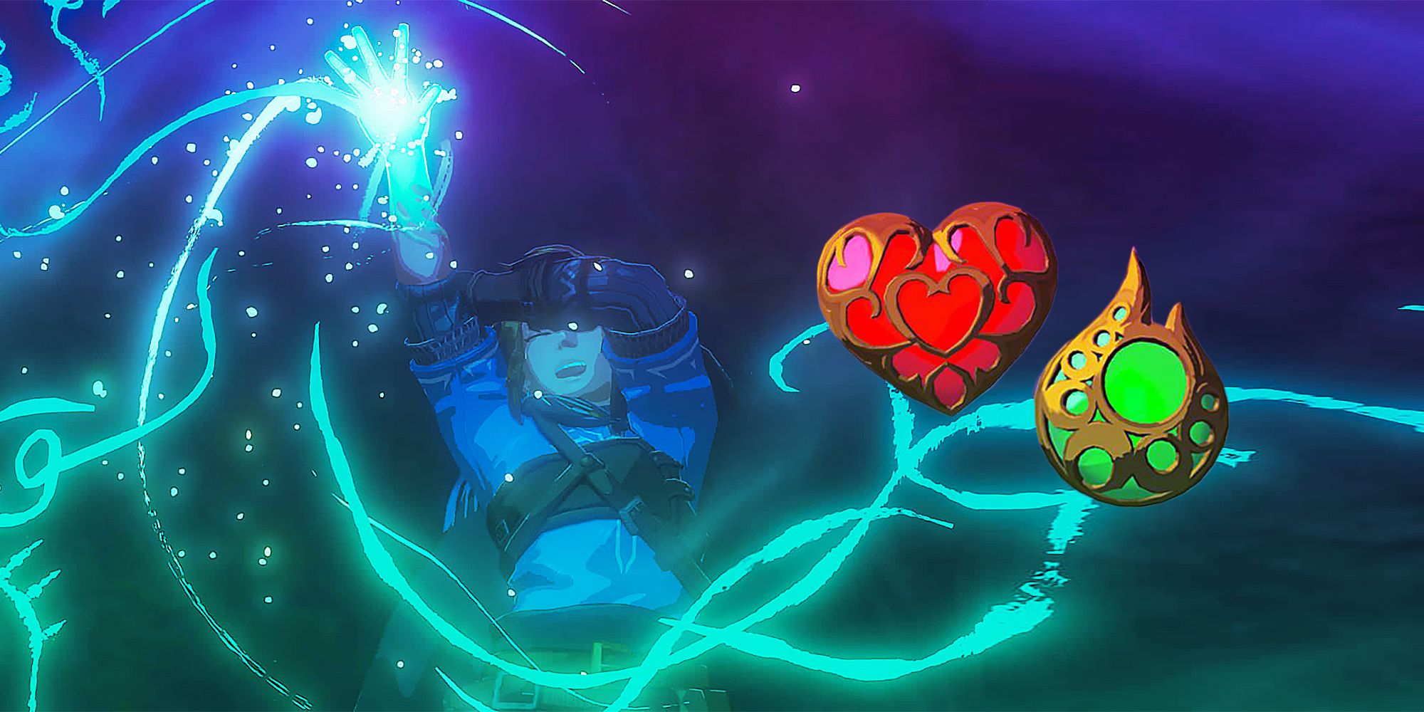 Link holding his outstretched right arm, with a Heart Container and Stamina Vessel to the right of him.
