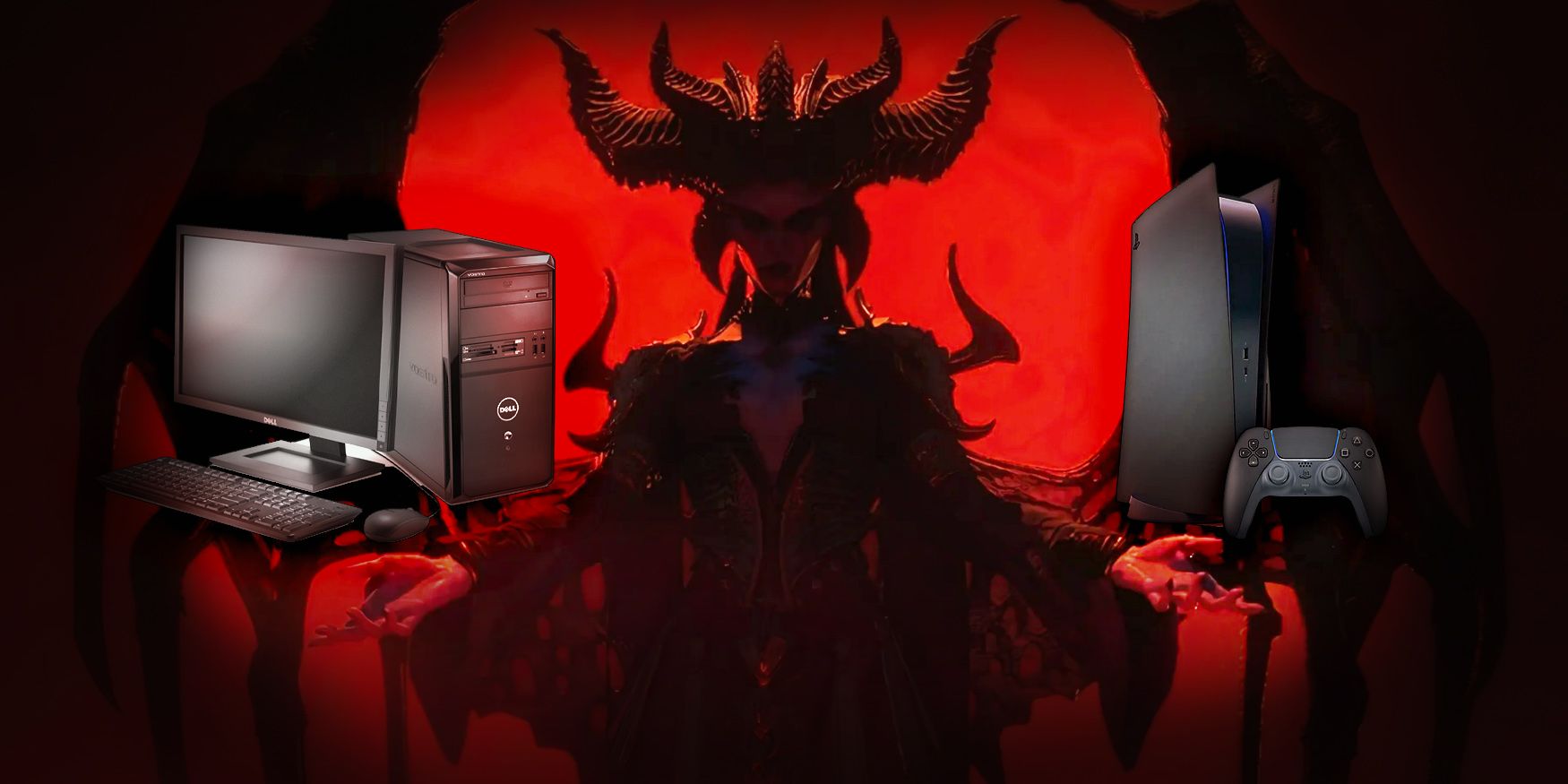 Main diablo 4 lilith image with hands outstretched and a PC and console balanced one each