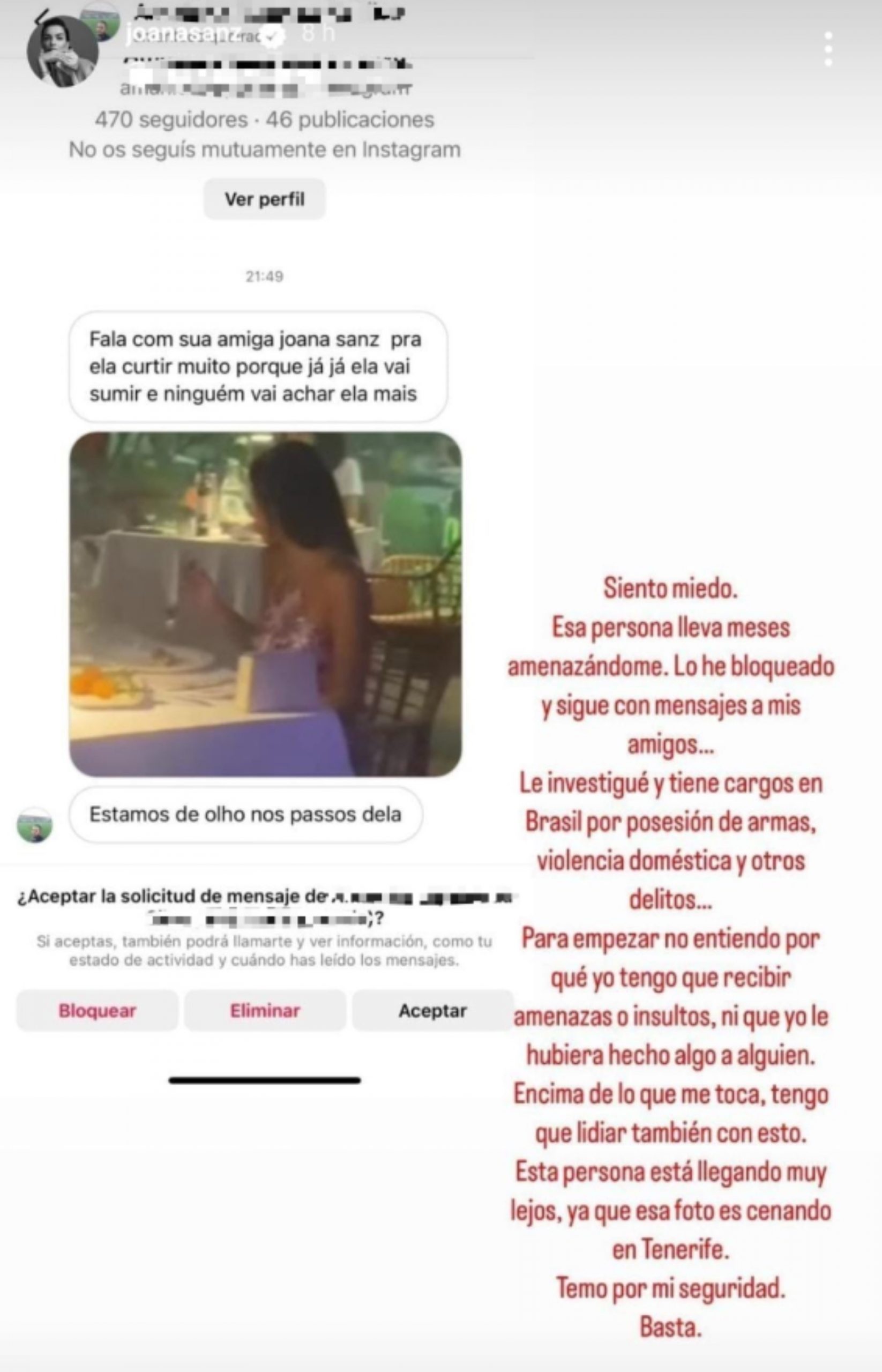 Historia de Instagram de Joana Sanz/ Instagram 