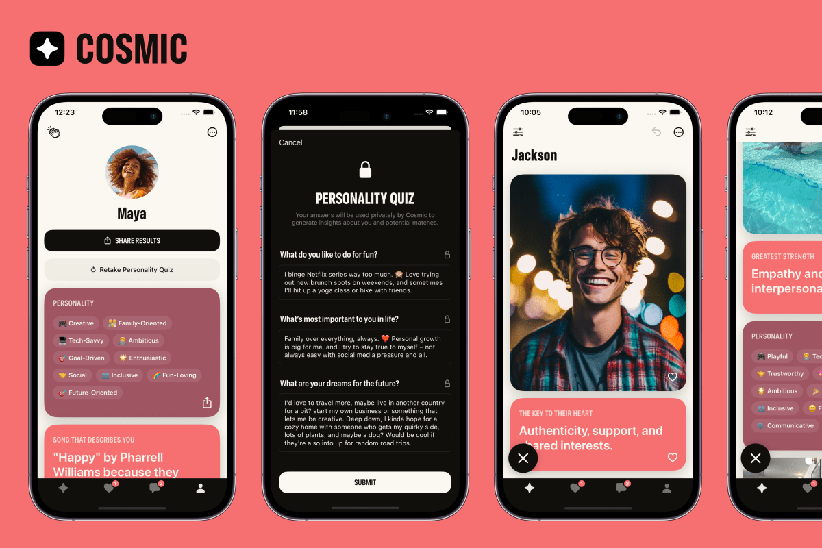 La aplicación de citas gratuita Cosmic utiliza cuestionarios de personalidad para crear un perfil para ti