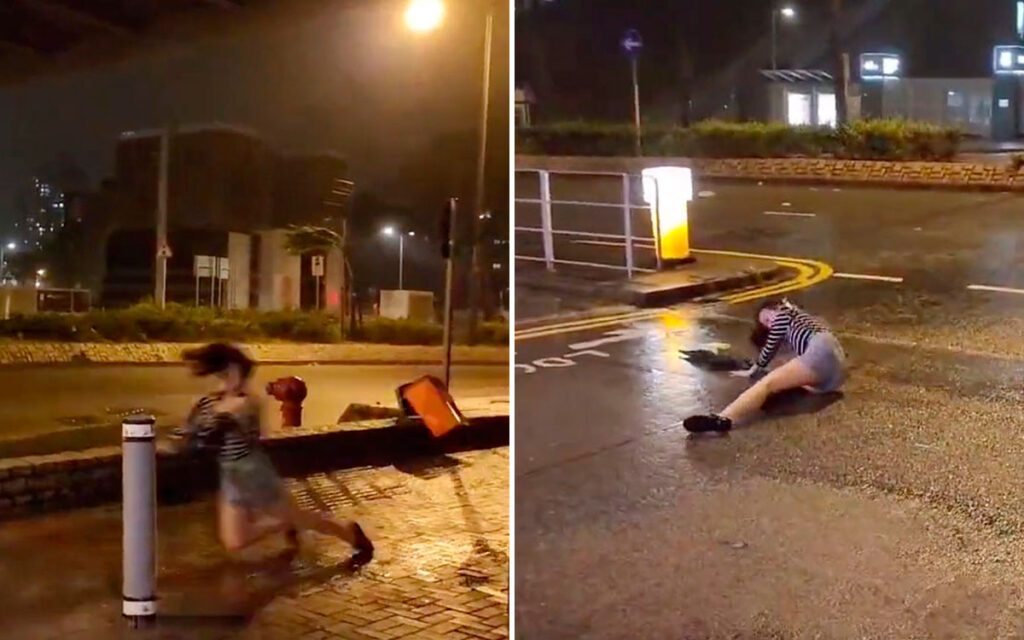 Video | Supertifón Saola arrastra a mujer por calles de Hong Kong