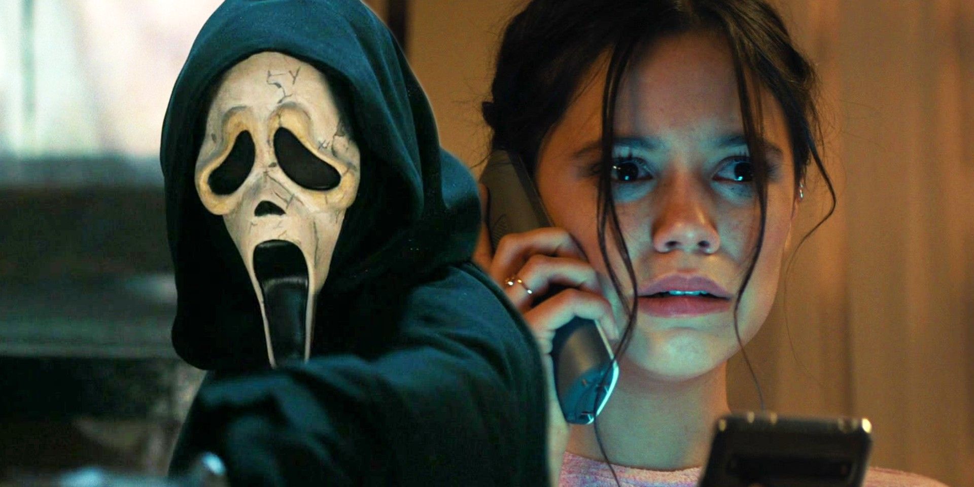 Ghostface de Scream habla juguetonamente por teléfono con una víctima en un arte hilarante