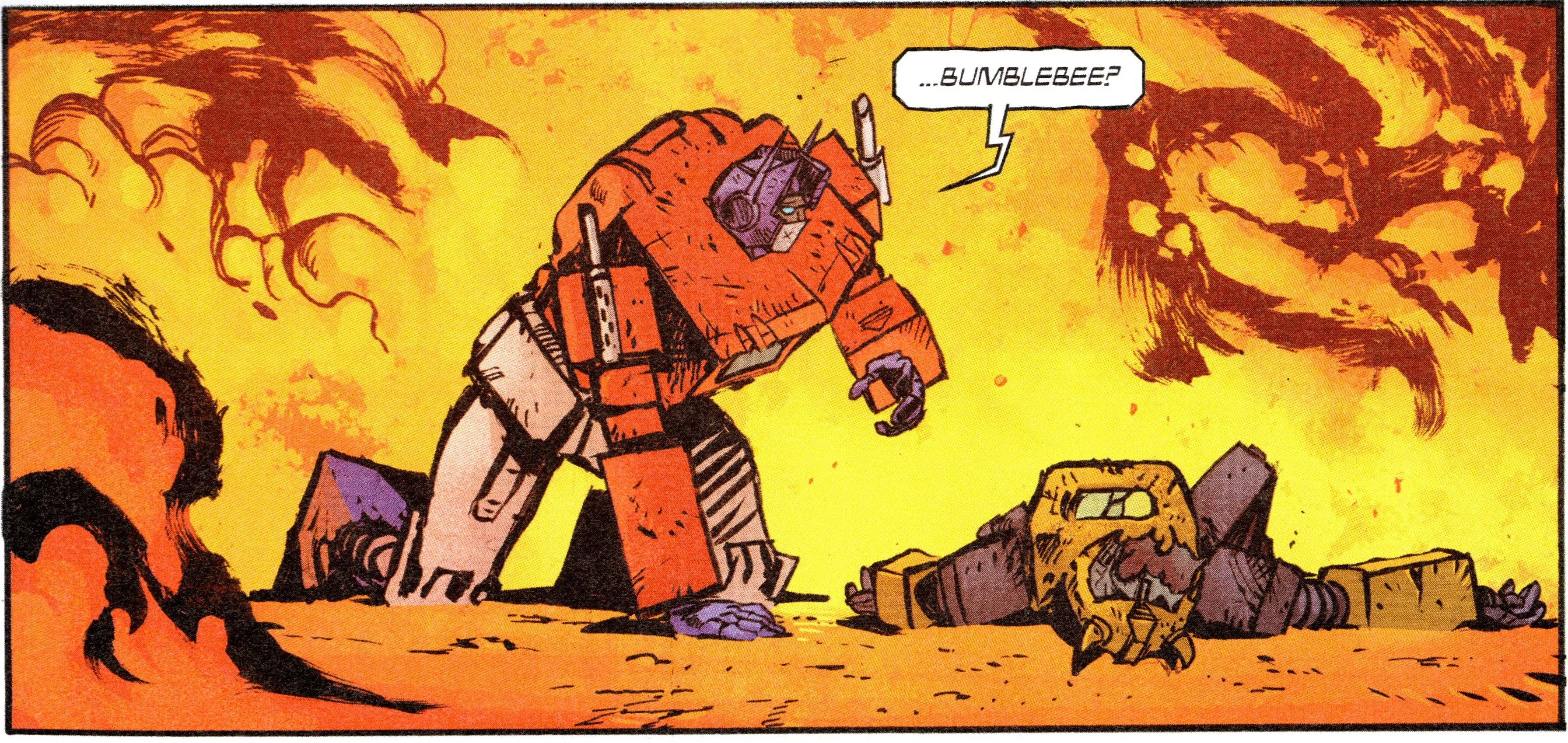 Optimus Prime se inclina sobre el cuerpo de Bumblebee