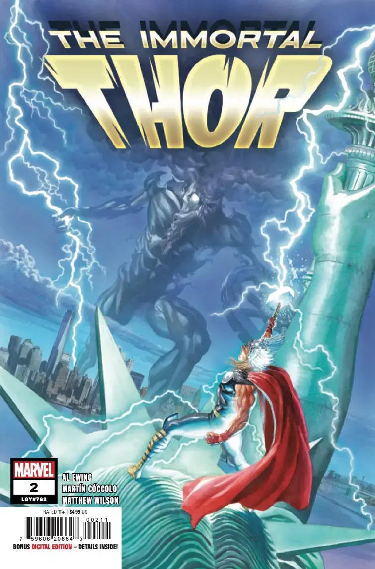 Portada de Immortal Thor #2: Thor se encuentra encima de la Estatua de la Libertad mientras una figura sombría a la que le falta un ojo y una cuenca ocular brillante carga hacia él.