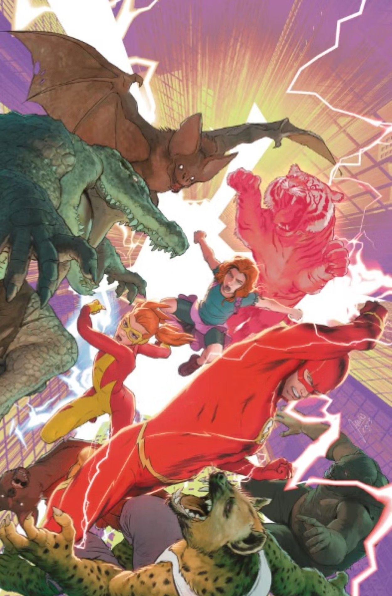 Flash fighting off anthropomorphized animals in promo image for DC