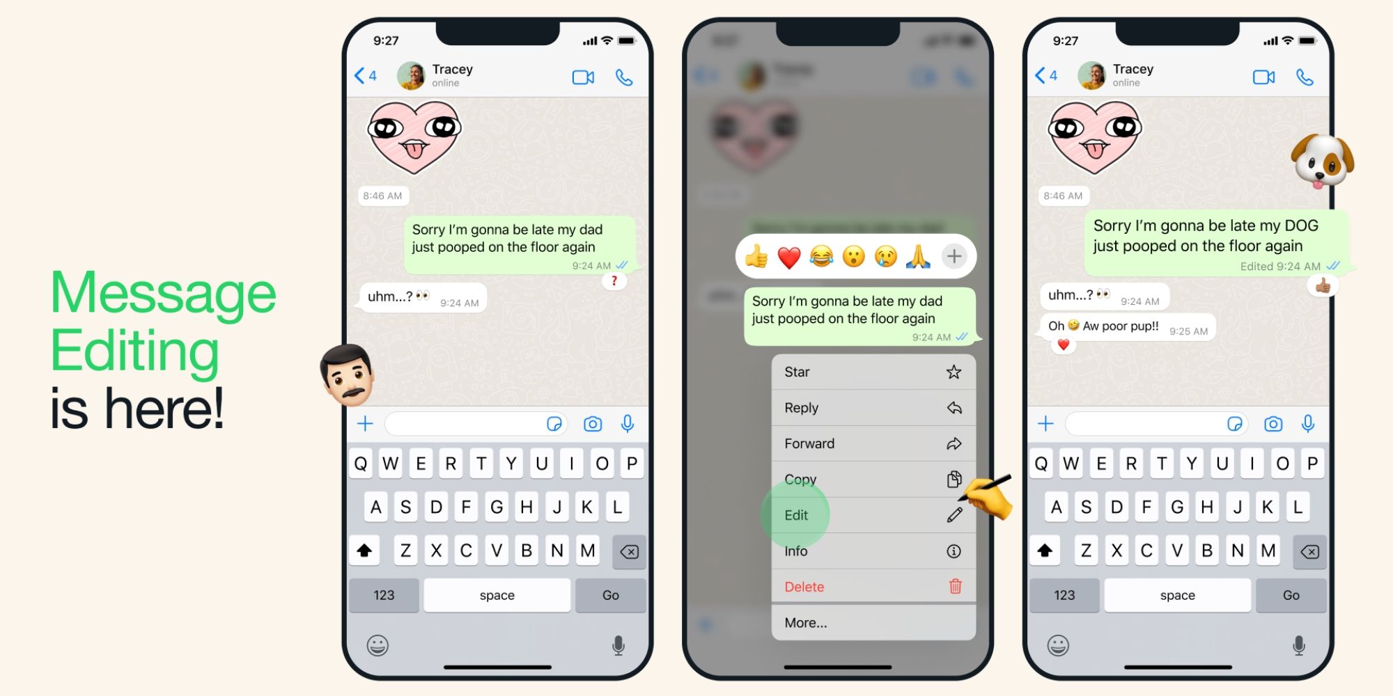 Screenshots of the WhatsApp Message Editing feature