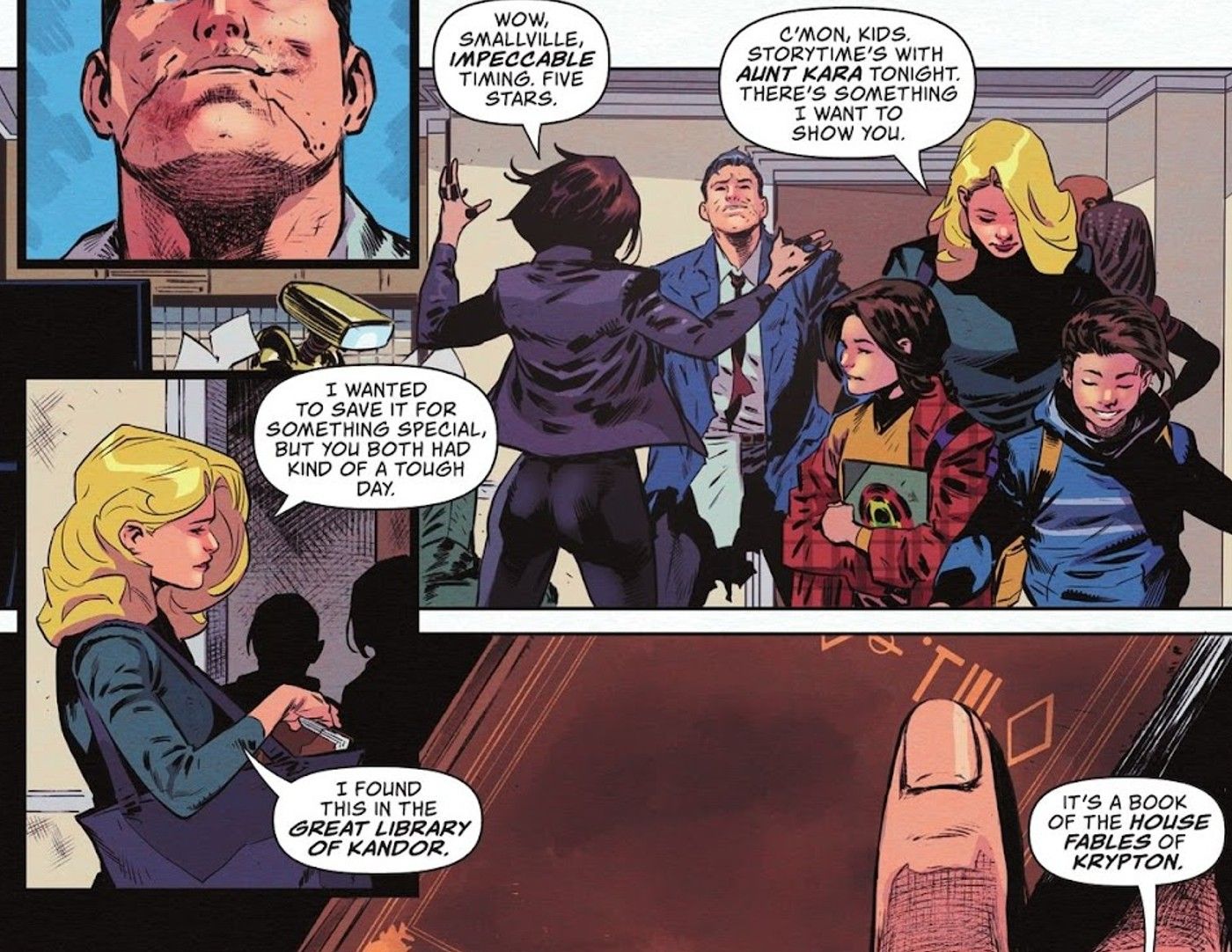 Supergirl comparte un libro de fábulas caseras con los supergemelos
