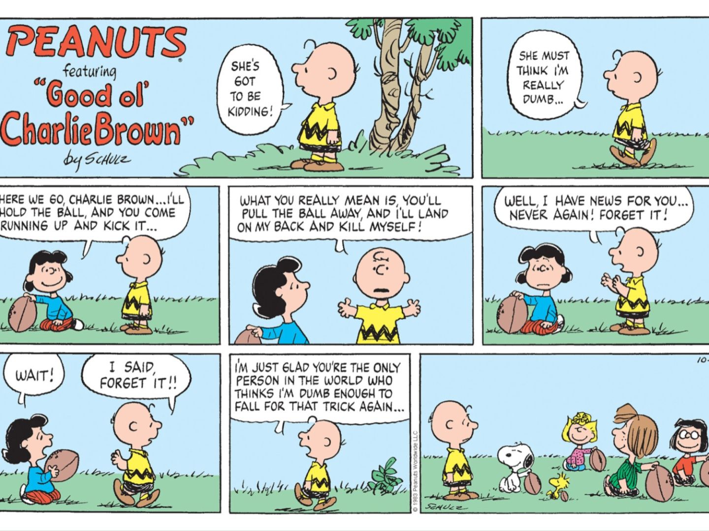 Lucy, Charlie Brown y la pandilla Peanuts con el fútbol.