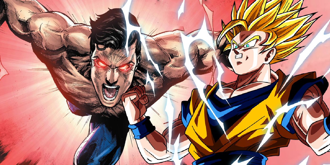 Superman sin camisa con ojos rojos brillantes (izquierda), Goku de Dragonball cargando con poder.