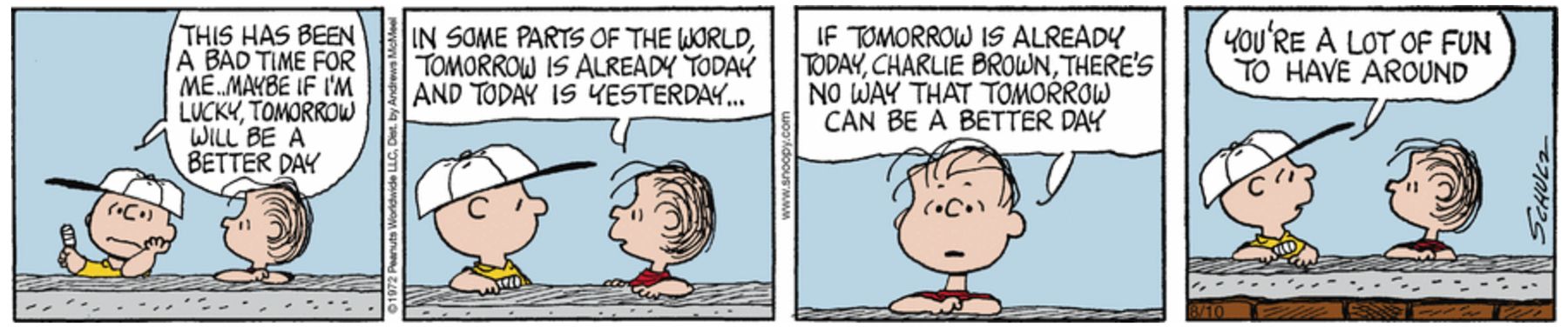 Peanuts, Charlie Brown y Linus 12 de agosto de 1972, Linus convence a Charlie Brown de que no sea optimista.